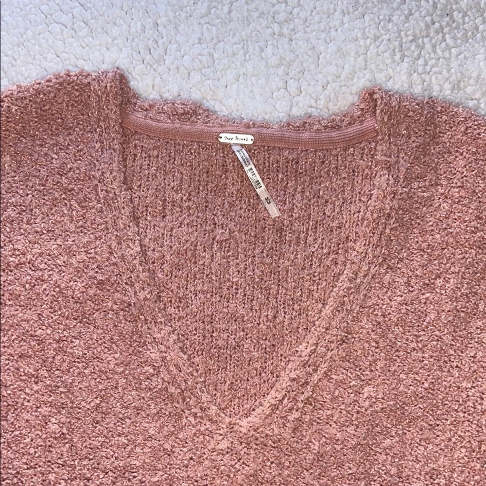 Free People Pink V-Neck Sweater with Textured Knit
